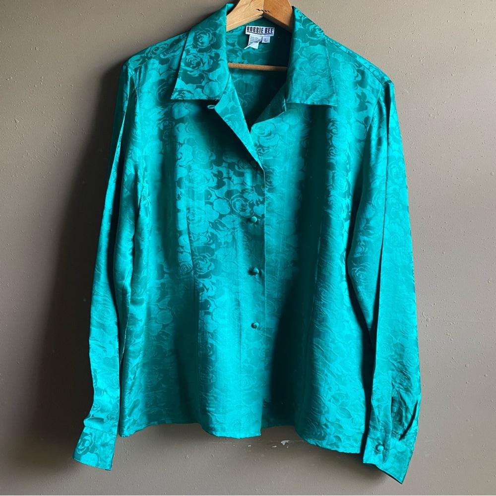 Vintage 100% Silk Blouse Robbie Bee Teal Green Turquoise Roses Button Up Luxury